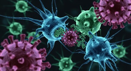 Immune cells attacking viruses microscopic view infection fight