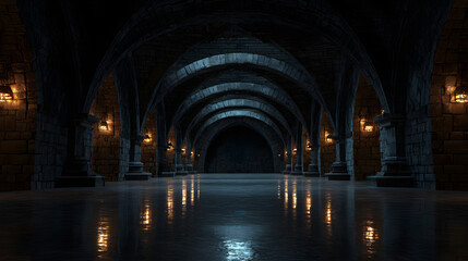 Fototapeta premium Palace Hallway Stone arches, reflective floor, ambient light. Background Empty, mysterious. Use Game background