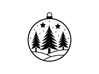 Fototapeta premium Black and white snow globe illustration with three stylized Christmas trees and falling snow