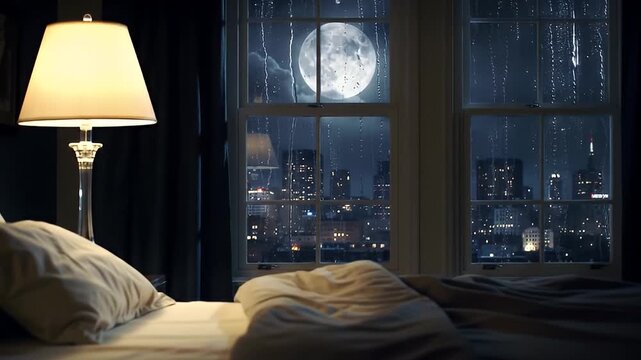 An illuminated bedroom with a window overlooking a cityscape at night during a thunderstorm, featuring a full moon.