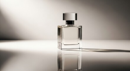 Clear glass perfume bottle with silver cap on reflective surface fragrance