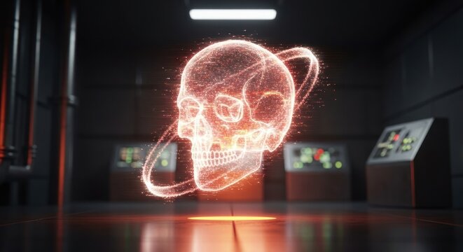 Holographic Skull with Rings in Dark Room with Control Panels, Futuristic Concept.