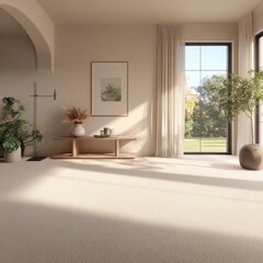 Fototapeta premium Beige, minimalist living room with natural light