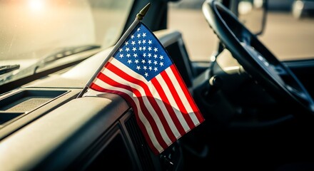 American Flag on Vehicle Dashboard in Sunlight