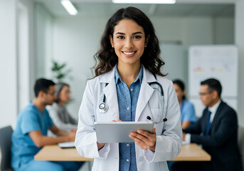 Photo of doctor using tablet with medical data and interface