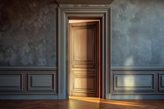 A slightly ajar wooden door in a room with textured walls and wainscoting, with light streaming through the opening onto the floor.