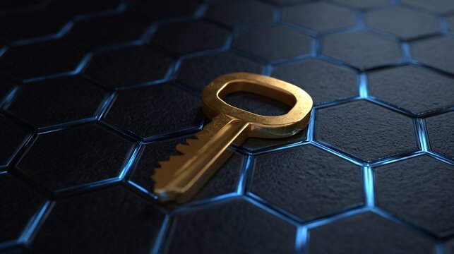 Gold key resting on hexagonal grid with blue lighting, symbolizing access and data - Powered by Adobe