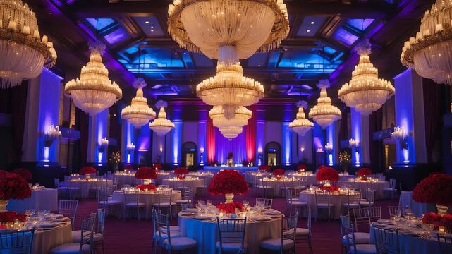 Grand banquet hall with elegant crystal chandeliers, round tables with floral centerpieces, and vibrant purple and blue lighting ambiance

