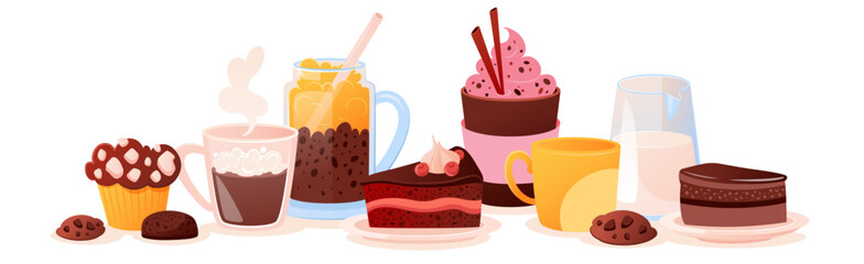 Coffee drinks with lush foam, cappuccino in a glass with a straw, a cup of tea, cakes on a plate, cookies, cupcake, muffins, croissant. Hot and cold coffee, a set of desserts.