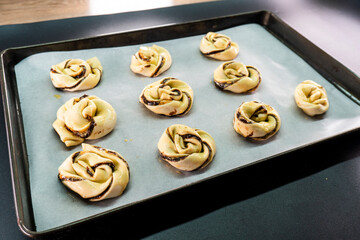 Puff pastry chocolate swirls. Dessert. Pastry