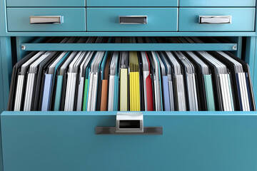 A close-up, eye-level view of an open blue filing cabinet filled with various colored folders and documents.