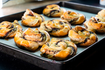 Puff pastry chocolate swirls. Dessert. Pastry