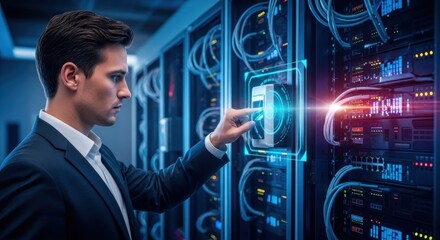 Man in suit interacts with server data center technology futuristic interface