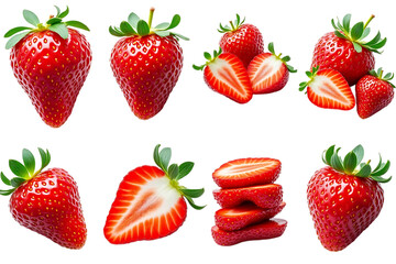  collection of fresh ripe strawberries, whole and sliced, isolated on transparent background