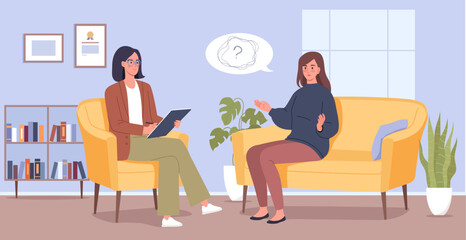 A young woman in a psychologist's office talks about her psychological problems