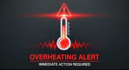 Overheating Alert: Thermometer with Exclamation Point and Red Warning Signals