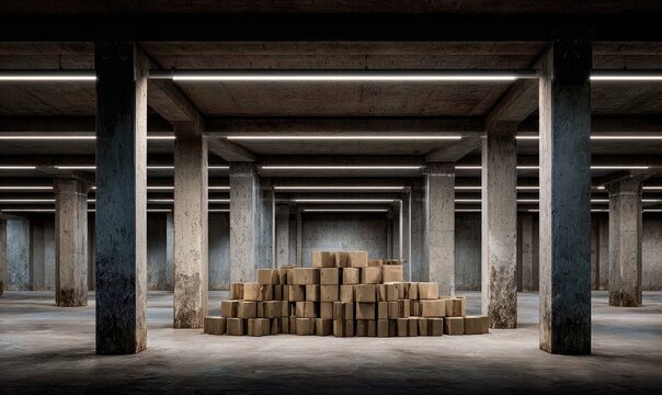 Cardboard boxes stacked in a cavernous, industrial underground space