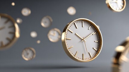 Golden clocks floating in mid-air against gray background, symbolizing time management concept