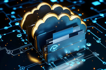 Futuristic concept of cloud computing with digital files and folders on a glowing circuit board.