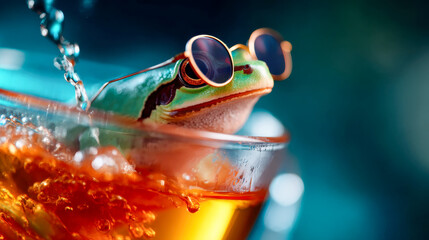 Cool frog wearing sunglasses sitting in a glass of tea being poured