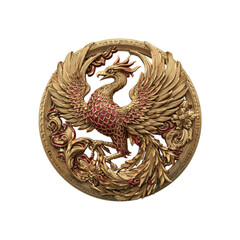 Ornate Golden Phoenix Roundel Intricate Carving of Mythical Bird