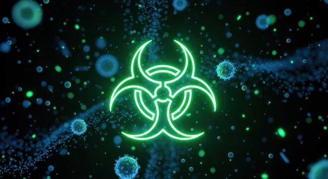 Glowing Biohazard Symbol with Viruses and Bacteria in Dark Space