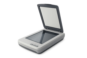 Modern flatbed scanner with open lid on transparent background