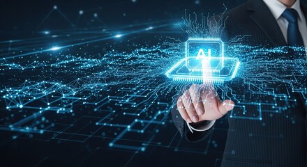 Businessman interacting with a glowing digital cloud network interface