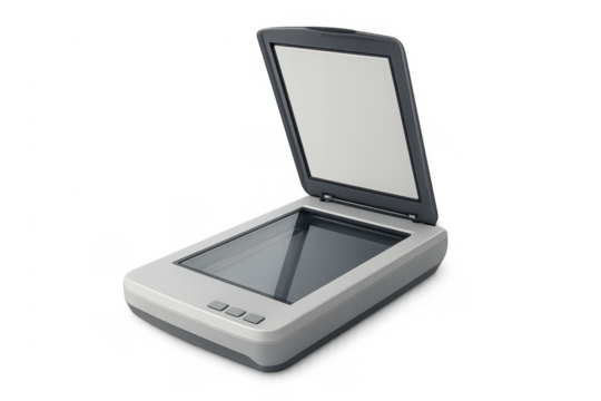 Modern flatbed scanner with open lid on transparent background