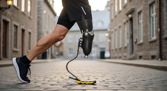 Adaptive athlete running on a city street with a prosthetic leg, Inspiring image of a disabled runner showcasing strength and resilience on a historic cobbled street - Powered by Adobe