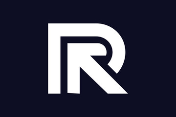 Modern Abstract R Letter Logo: Bold White on Navy Blue Background, Upward Arrow Design, Corporate Branding.