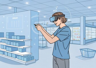 Title: Shopper Using VR Technology in Futuristic Grocery Store