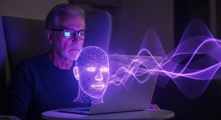 Man interacting with futuristic holographic ai brain interface