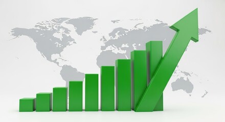 Green bar graph showing global economic growth and upward trend with world map background
