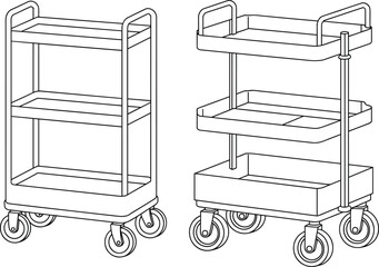 Industrial utility carts, versatile storage solutions, heavy-duty rolling shelves, essential organization tools, ideal for warehouse, office, workshop, CAD drawing flat vector illustration