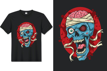 Zombie Skull with Exposed Brain and Bandages &ndash; Bloody Splatter Horror Halloween T‑Shirt Vector