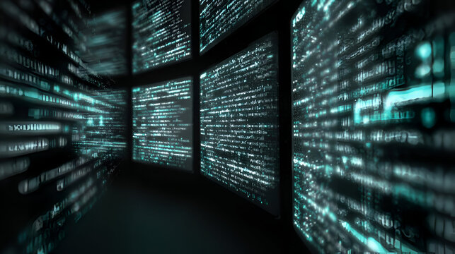 Teal Code Lines on Multiple Screens Digital Background