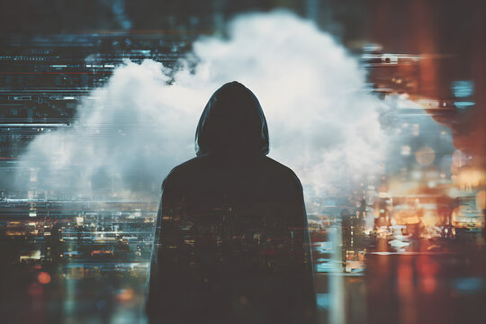 man in the hoodie is standing in the middle of a digital symbol and the cloud, in the style of cyberpunk, stark contrast of light and shadow, computer-aided manufacturing, bokeh panorama