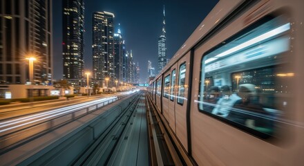 Obraz premium Dubai Metro Night Ride Cityscape Speed Light Trails