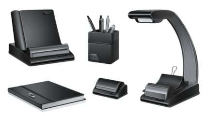 Essential office supplies, pen, pen holder, and stationery for organized workspace