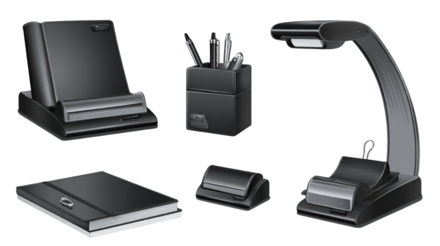 Essential office supplies, pen, pen holder, and stationery for organized workspace