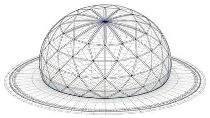 Geometric Dome Structure Design with Wireframe Mesh and Circular Base on White Background for Creative Projects