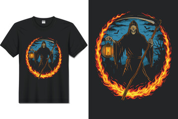 Grim Reaper with Scythe and Lantern in Ring of Fire &ndash; Halloween Dark Art T‑Shirt Vector