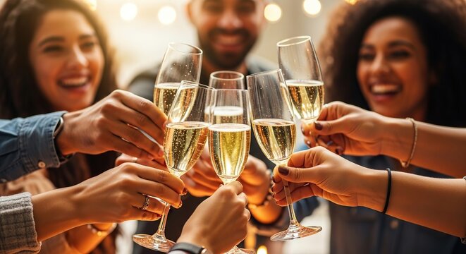 Diverse group of friends celebrating with champagne toast at a party