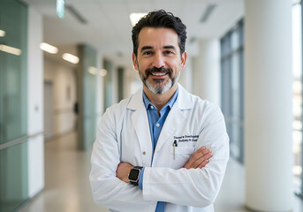 Photo of confident doctor with arms folded in hospital hallway