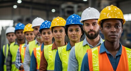 Diverse group of construction workers in hard hats and safety vests standing in a line