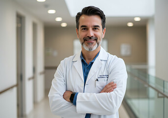 Photo of smiling male doctor with arms crossed in hospital corridor