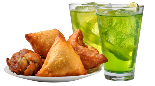 Crispy samosas and pakoras served with refreshing green lime drinks, perfect for any snack or party.