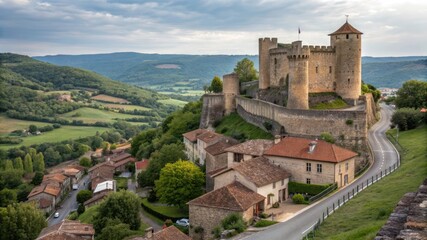 ancient castle atop a hill with surrounding village below.