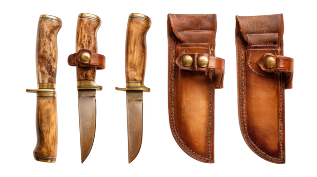 Handcrafted leather sheaths protecting a collection of sharp knives, detailed look at traditional craftsmanship